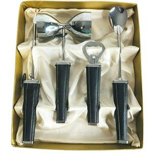 Vintage SWANK Ascot Bar Set Black Leather Silver